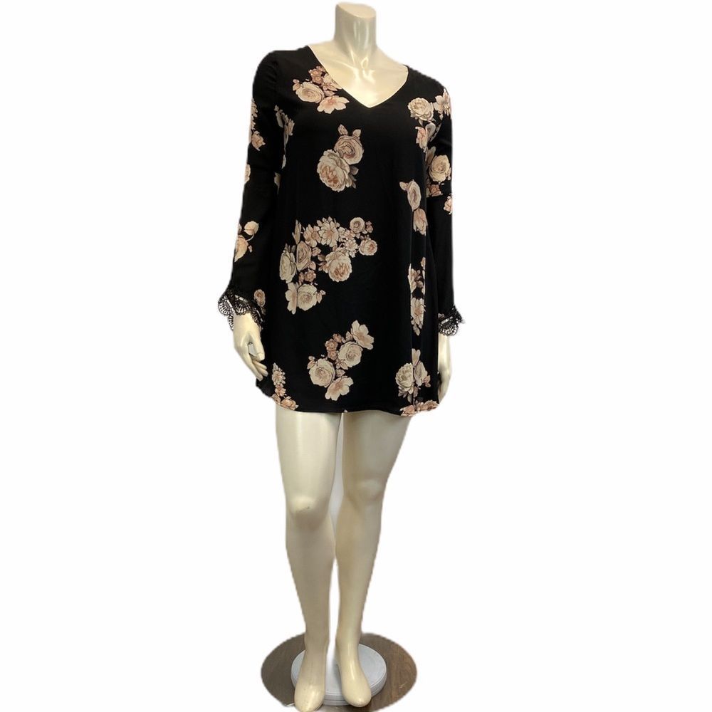 ASTR The Label Women's Medium Belle Sleeve Floral Flower Print Black Mini Dress